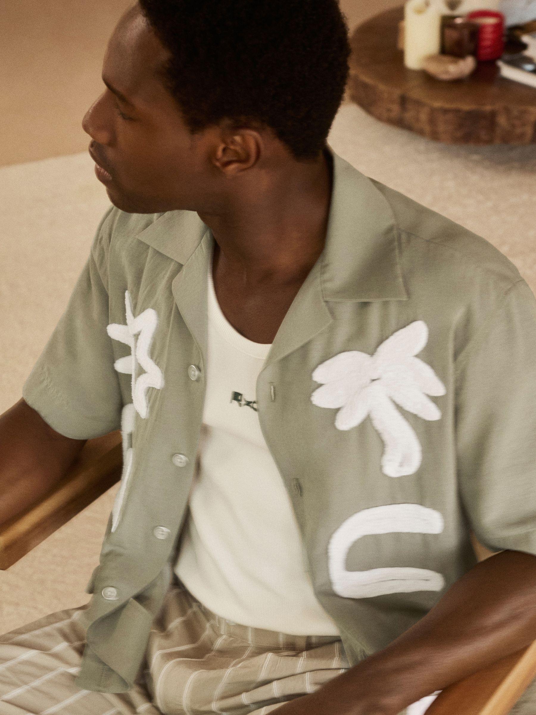 Reiss | Ché Motif-Embroidered Shirt in Sage/White Product Image