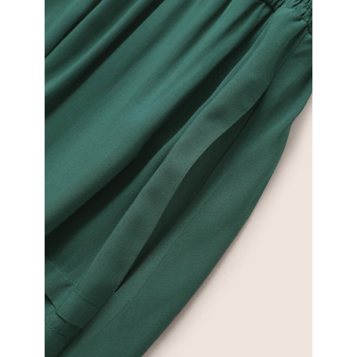 Plus Size Plain Shirred Notched Pocket Pleated Dress Green Women Resort Non Notched collar Short sleeve Curvy Midi Dress BloomChic 14-16/1X Product Image