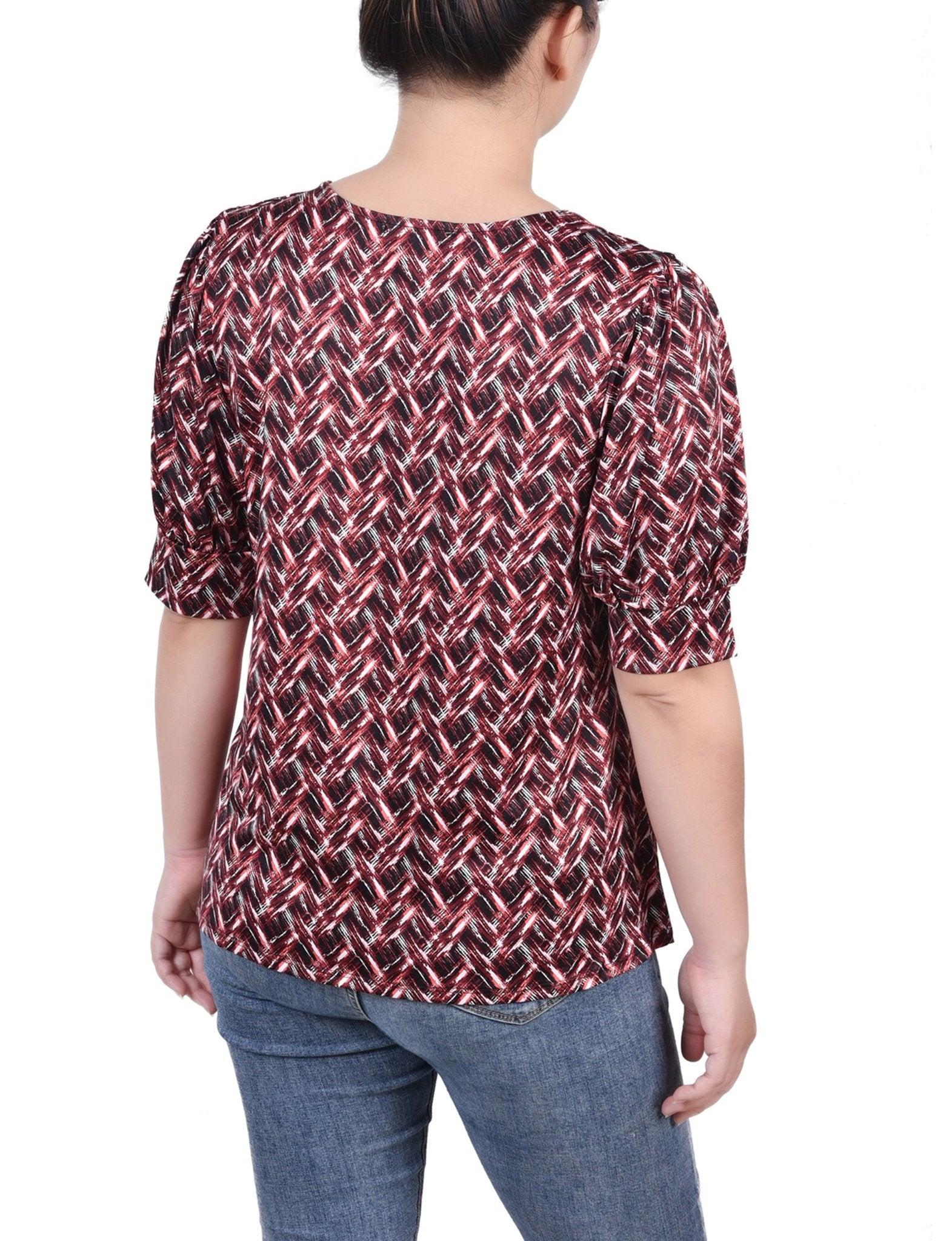 Black Wine Zigzag Short Sleeve Balloon Sleeve Top - Petite Product Image