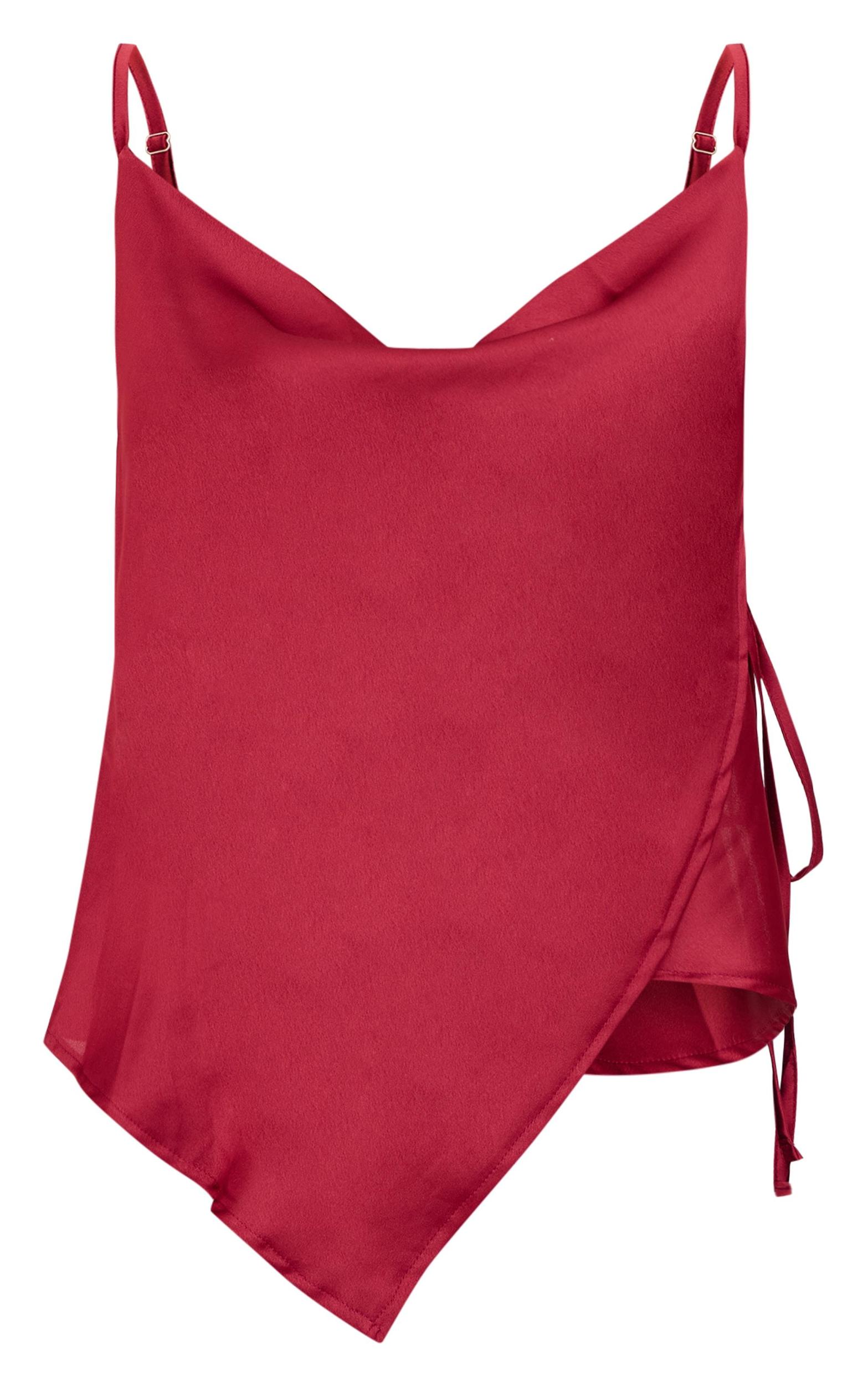 Burgundy Satin Split Hem Asymmetric Long Top Product Image