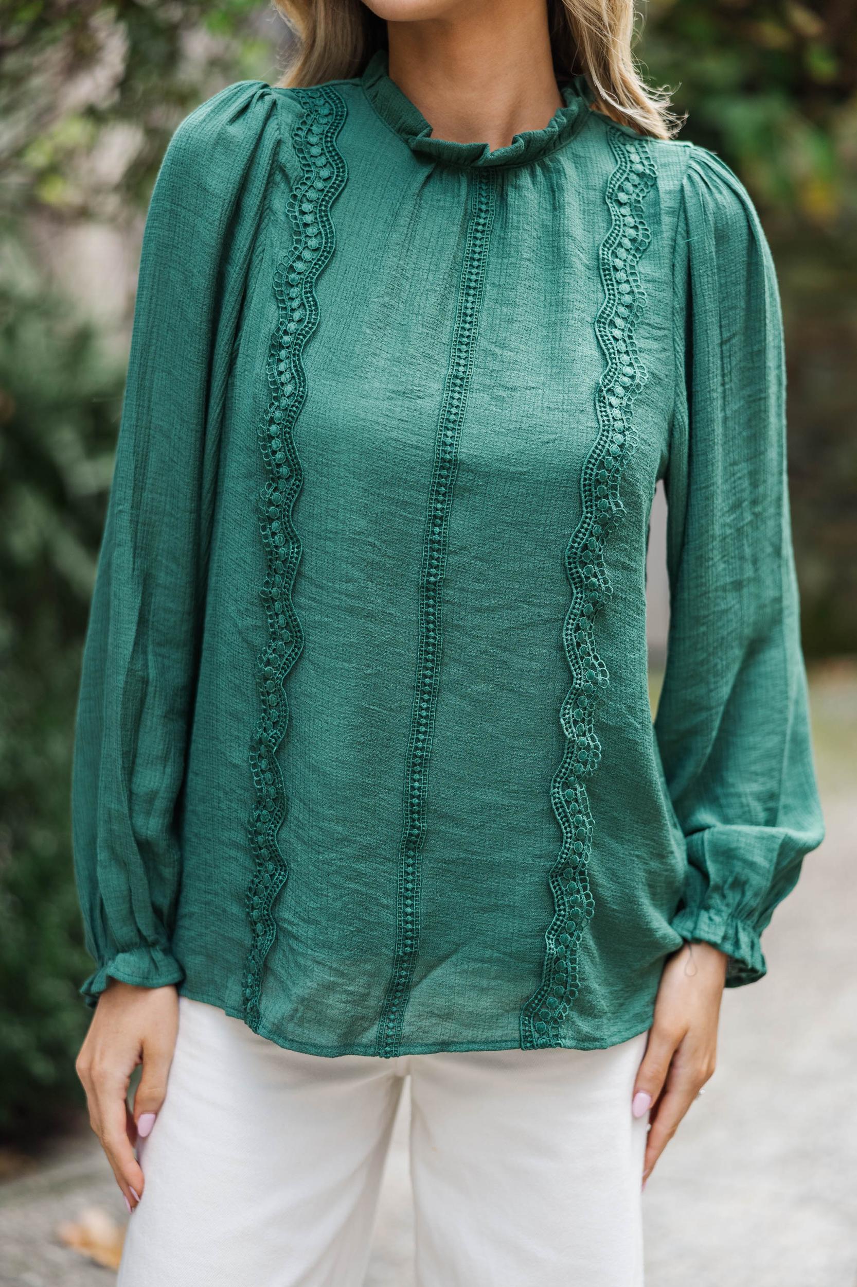 Wish You Were Here Emerald Green Crochet L/S Blouse Female Product Image