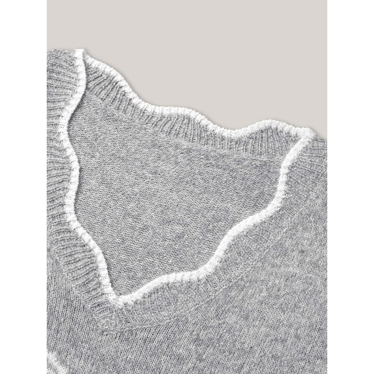 Plus Size Floral Print Jacquard V-Neck Pullover DarkGray Women Casual Loose Long Sleeve V-neck Everyday Pullovers BloomChic 10/M Product Image