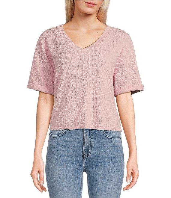 Moa Moa Striped V-Neck Short Sleeve Cropped Top Product Image