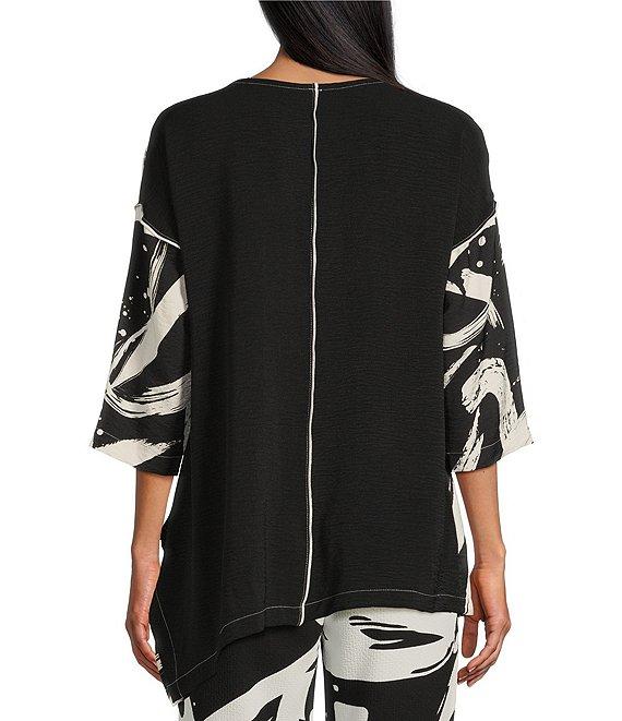 IC Collection Woven Abstract Print Boat Neck 3/4 Sleeve Asymmetrical Tunic Product Image