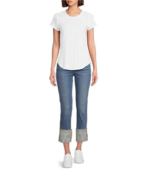 Driftwood Colette Stretch Denim Embroidered Cuffed Cropped Straight Leg Jeans Product Image