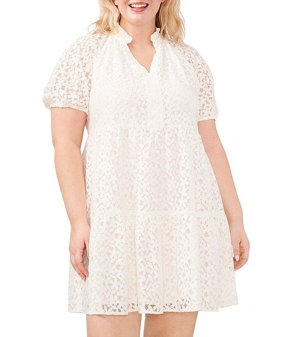 CeCe Plus Size Lace V-Neck Short Puff Sleeve Tiered Babydoll Mini Dress Product Image