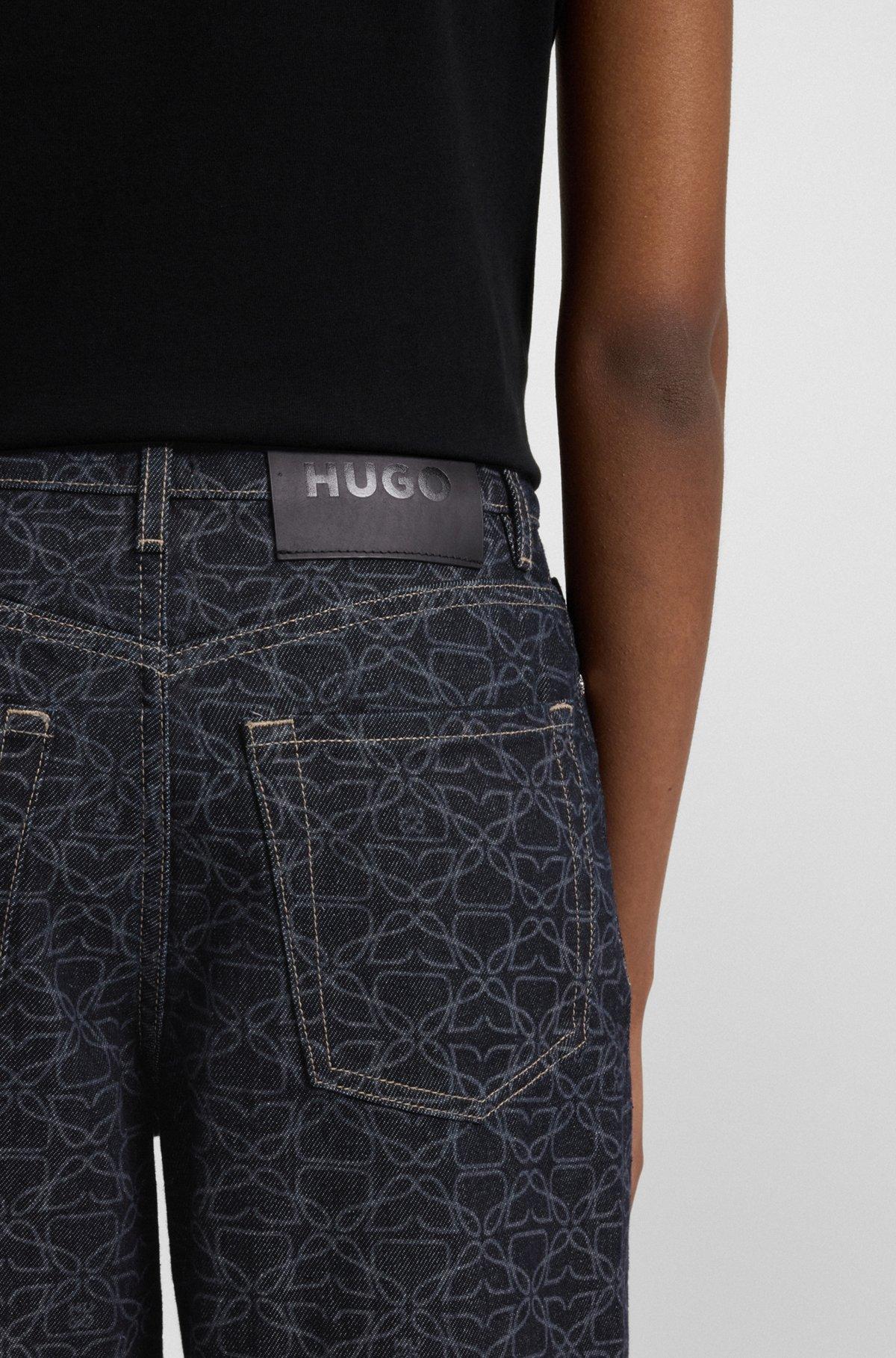 HUGO - Super-wide-leg jeans in monogram laser-print denim - Dark Blue Product Image