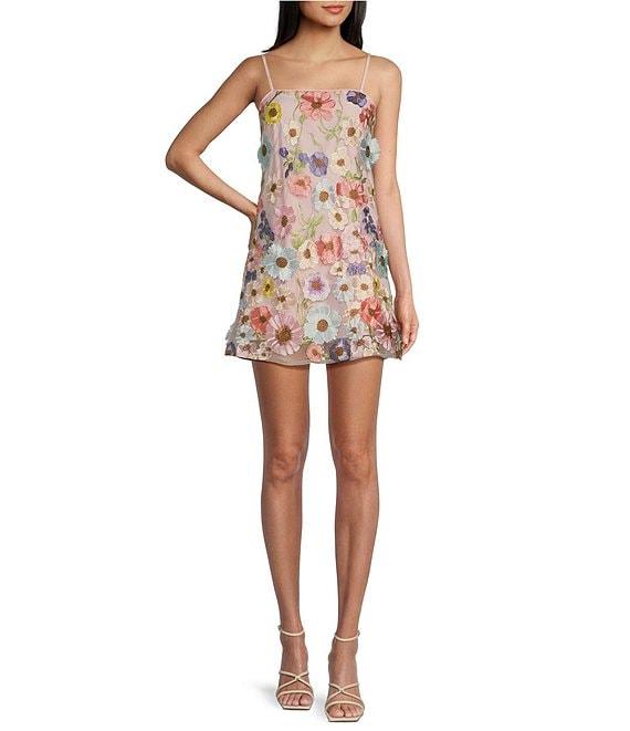 Allison & Kelly 3D Floral Mesh Square Neck Spaghetti Strap Dress Product Image