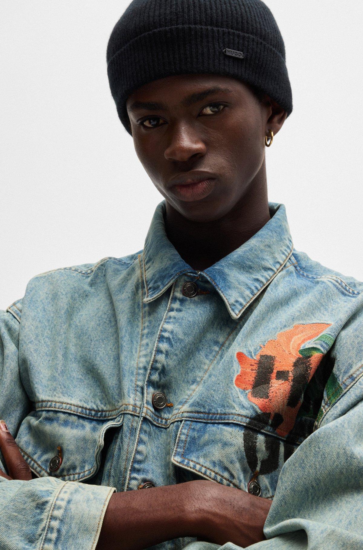 Regular-fit jacket in rigid denim with logo prints Product Image