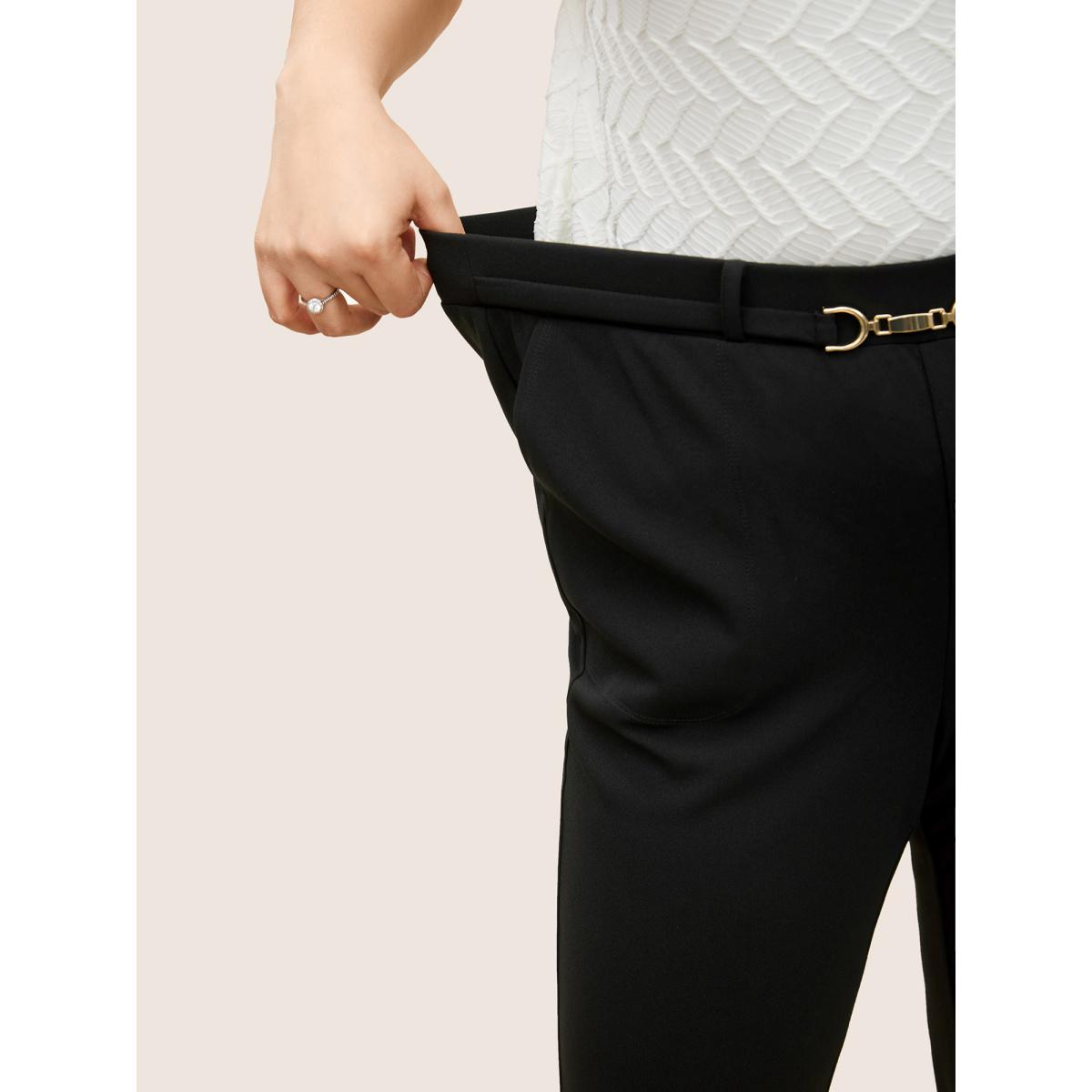 Plus Size Flare Leg Pocket Metal Buckle Detail Pants Women Black At the Office Flare Leg High Rise Work Pants BloomChic 10/M Product Image