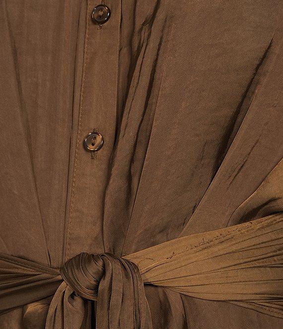 Steve Madden Tori Satin Point Collar Short Kimono Cuff Sleeve Belted Ruched Front Asymmetrical Hem Midi Shirt Dress Product Image