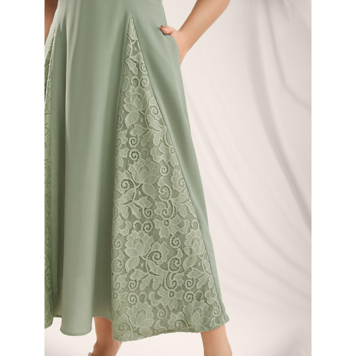 Plus Size Lace Panel Cinched-Waist Maxi Dress Sage Women Romantic V-neck Short sleeve Curvy BloomChic 26/4X Product Image