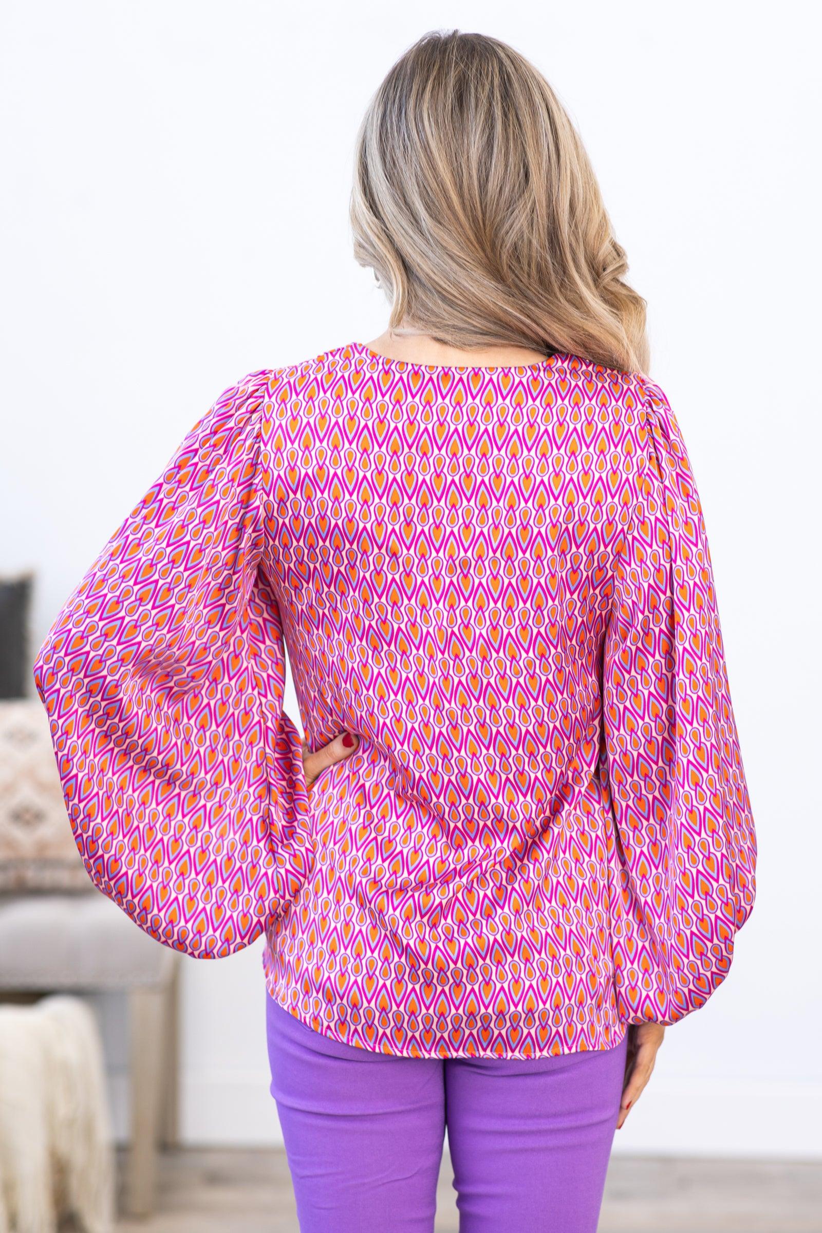 Pink Geometric Print V-Neck Long Sleeve Top Product Image