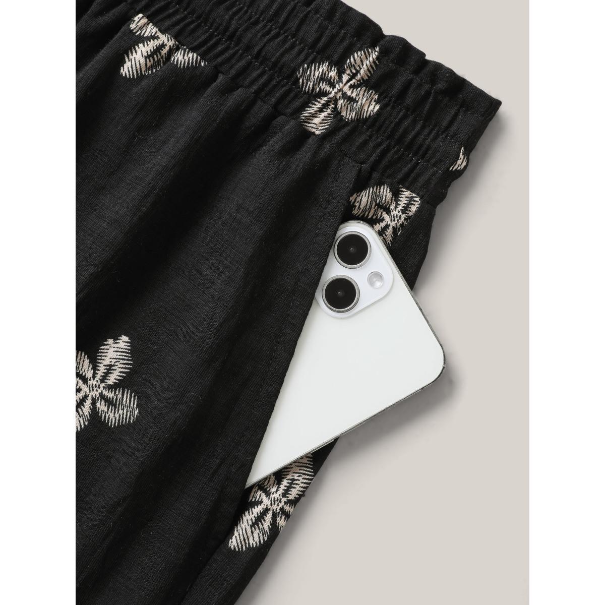 Plus Size Boho Print Color Contrast Wide-Leg Pants Women Black Boho Wide Leg Mid Rise Vacation Pants BloomChic 12/L Product Image