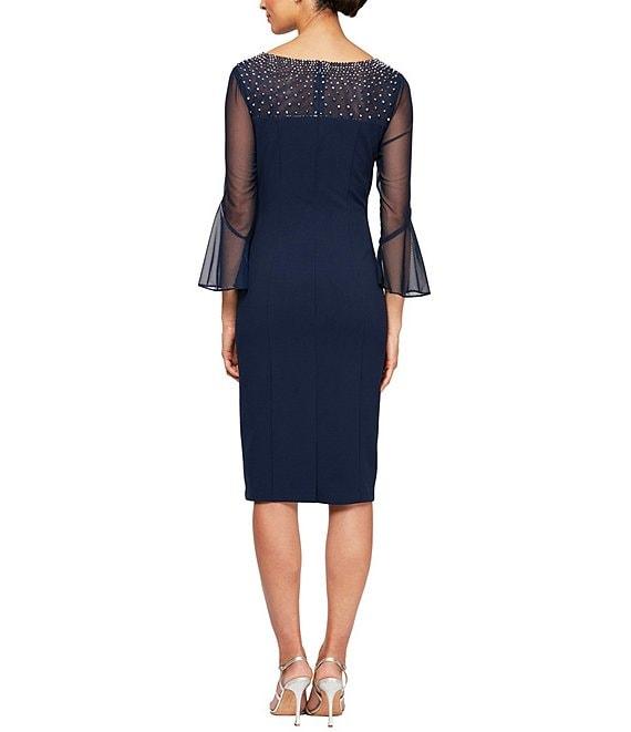 Alex Evenings Stretch Crepe Beaded Illusion Round Neck 3/4 Bell Sleeve Sheath Dress Product Image