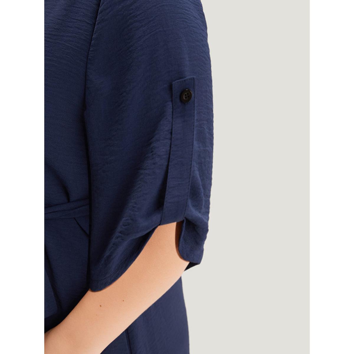 Plus Size Plain Notched Belted Laser Cut Tab Sleeve Dress Navy Women Office Plain Notched collar Half Sleeve Curvy Midi Dress BloomChic 12/L Product Image