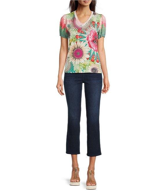 JOHNNY WAS The Janie Favorite Emily Abstract Floral Print V-Neck Short Puff Sleeve Knit Tee Product Image