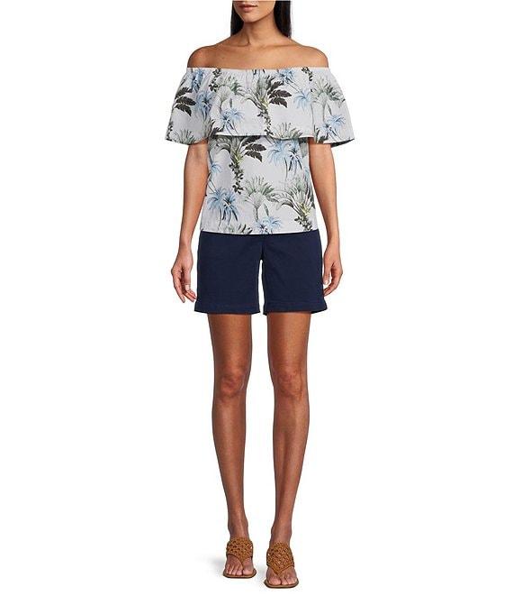 Tommy Bahama Palisade Tropical Palm Poplin Plain Weave Off-The-Shoulder Ruffle Top Product Image
