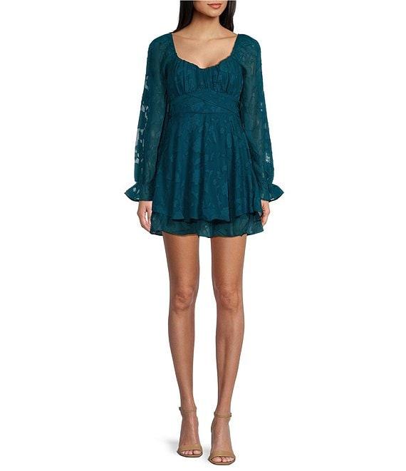 Allison & Kelly Long Sleeve V-Neck Floral Clip Jacquard Dress Product Image