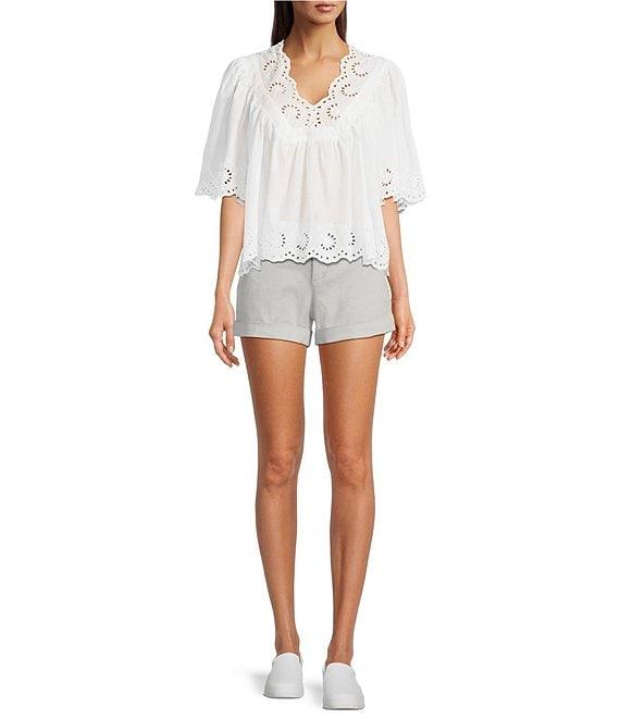 Dear John Lania Woven V-Neck 3/4 Sleeve Embroidered Scalloped Blouse Product Image