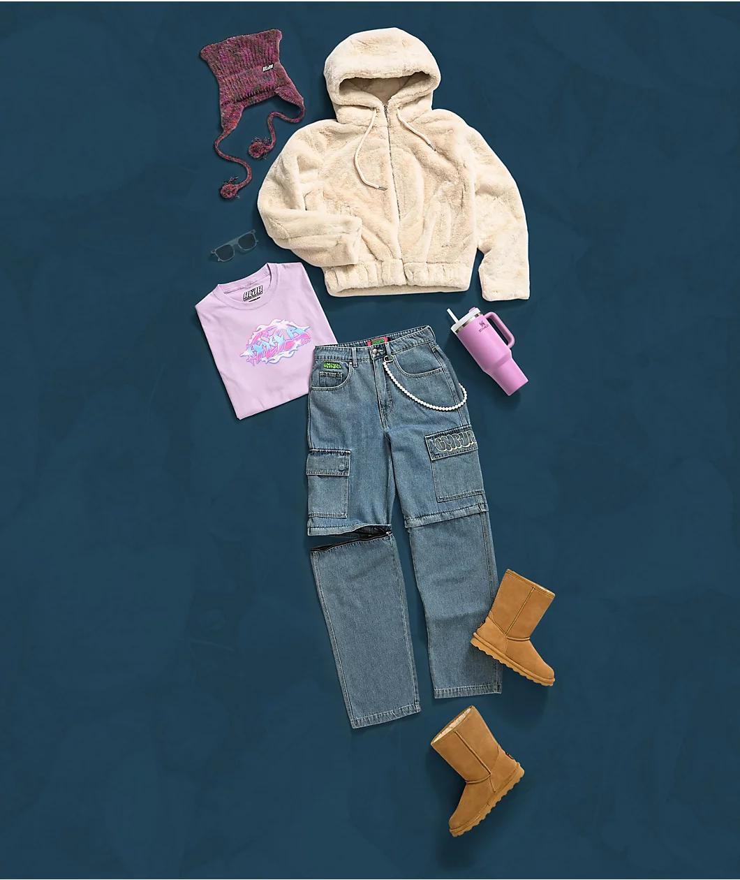 STOOSH Faux Fur Beige Crop Zip Hoodie Product Image