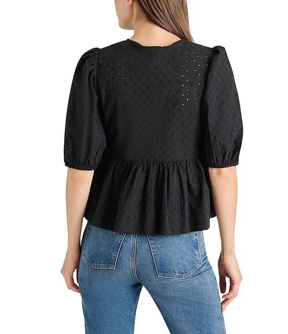 Steve Madden Paula Eyelet Crew Neck Short Sleeve Tie Front Top Product Image