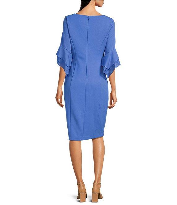 Adrianna Papell Stretch Crepe 3/4 Bell Sleeve Boat Neck Sheath Dress Product Image