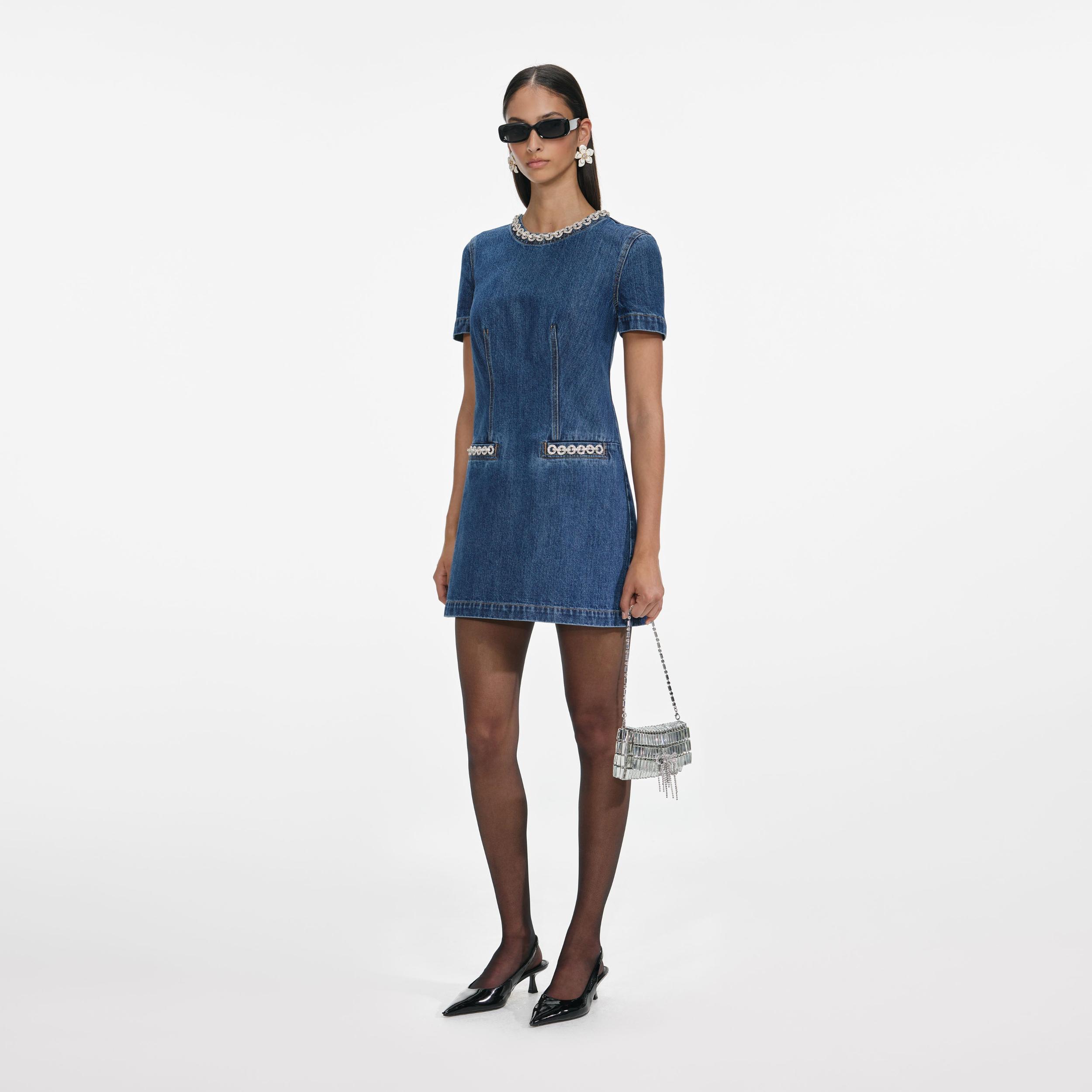 Denim Crystal Trim Mini Dress Product Image
