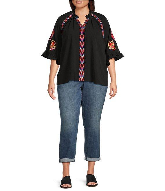 Calessa Plus Size Embroidered Patchwork Ruffle Split V-Neck 3/4 Sleeve Tunic Product Image