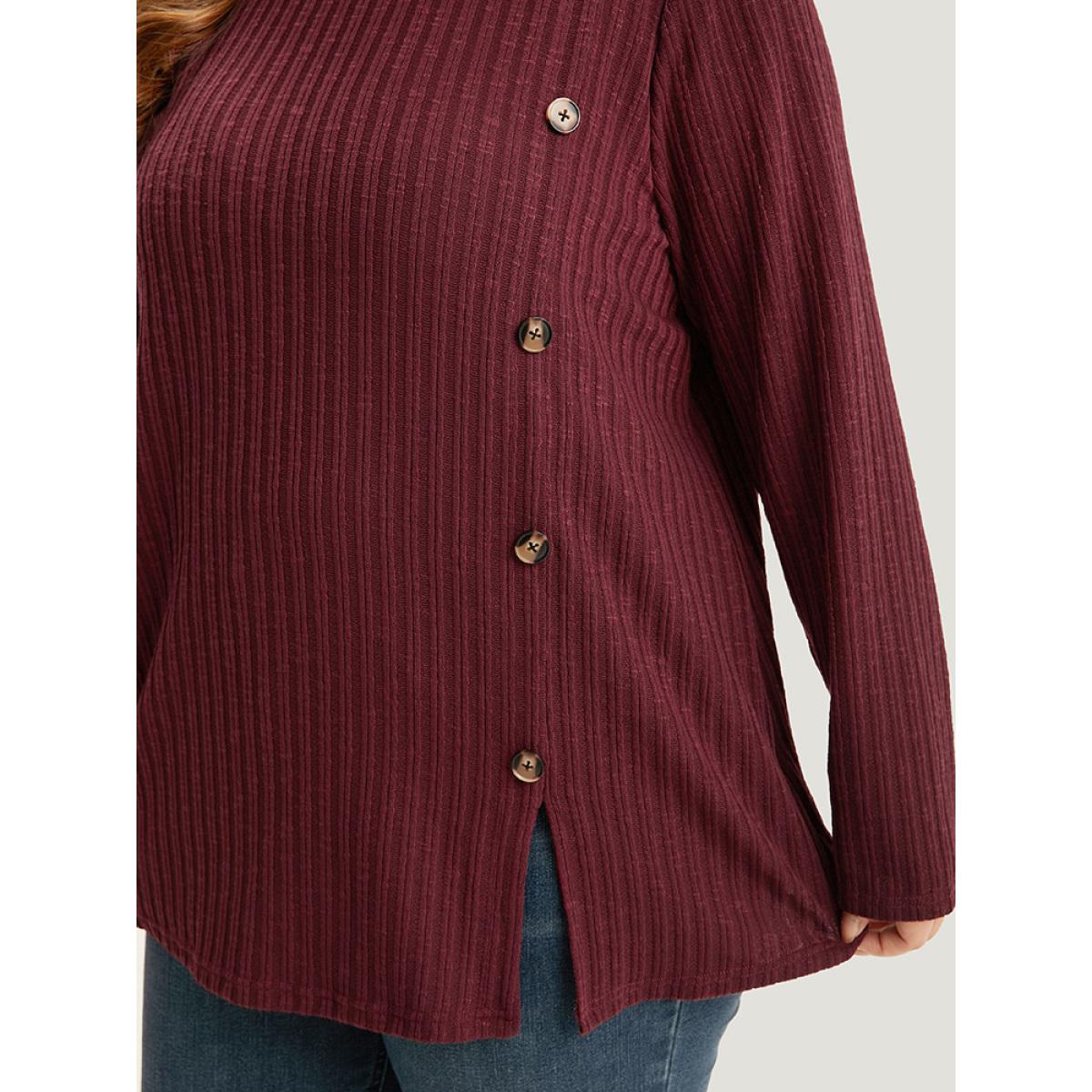 Plus Size Rib Knit Button Detail Split Side T-shirt Burgundy Women Casual Texture Plain Round Neck Dailywear T-shirts BloomChic 22-24/3X Product Image