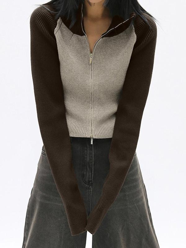 Knit Contrast Color High Neck Cardigan Product Image