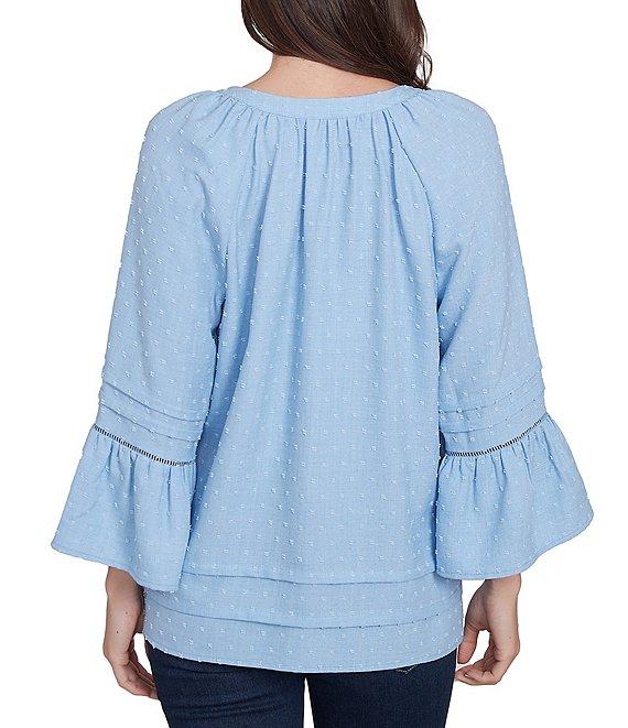 Ruby Rd. Woven Embellished Trim Clip-Dot Mandarin Collar 3/4 Sleeve Button-Front Top Product Image