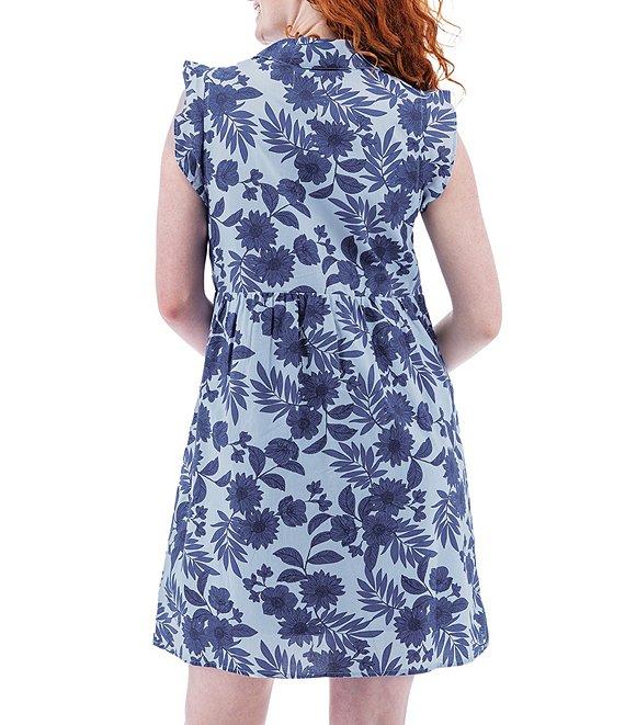 Aventura Lyndhurst Organic Cotton Floral Collared Neck Flutter Cap Sleeve Button Front A-Line Dress Product Image