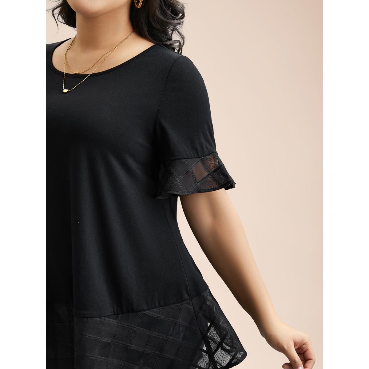 Plus Size Sheer Patchwork Ruffle Round Neck T-Shirt Black Women Elegant Patchwork Round Neck Everyday T-shirts BloomChic 14-16/1X Product Image