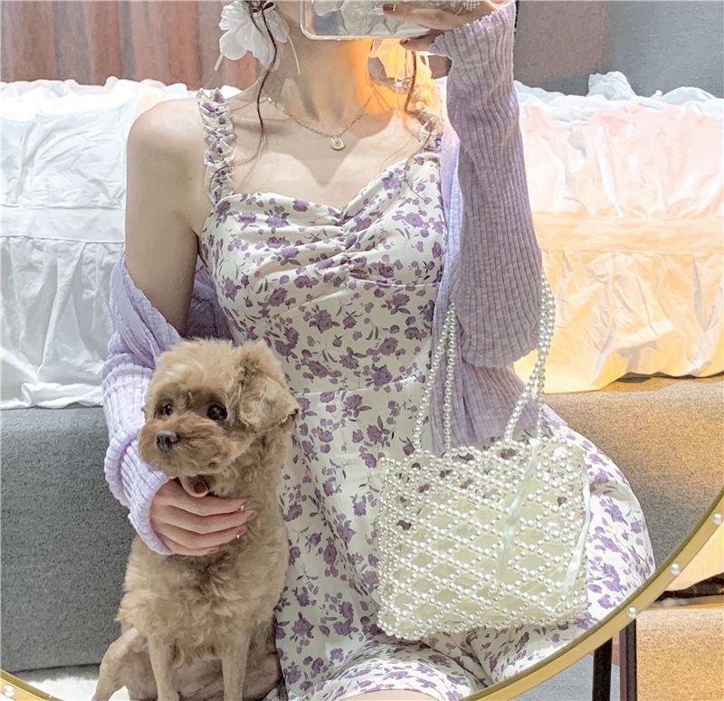 Spaghetti Strap Floral Print Mini A-Line Dress / Cardigan Product Image