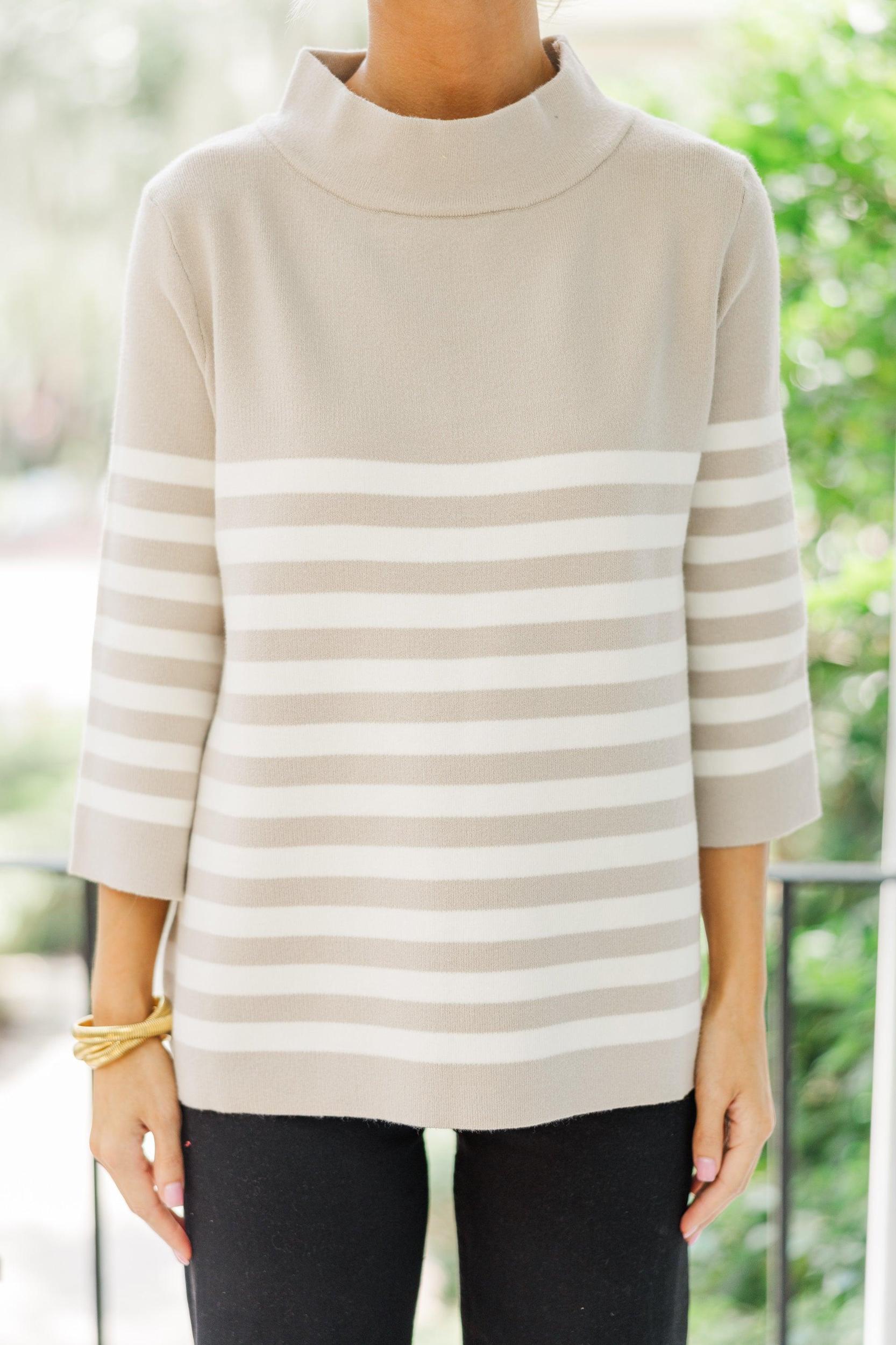 Just A Feeling Taupe Striped Mock Neck Sweater Female Product Image