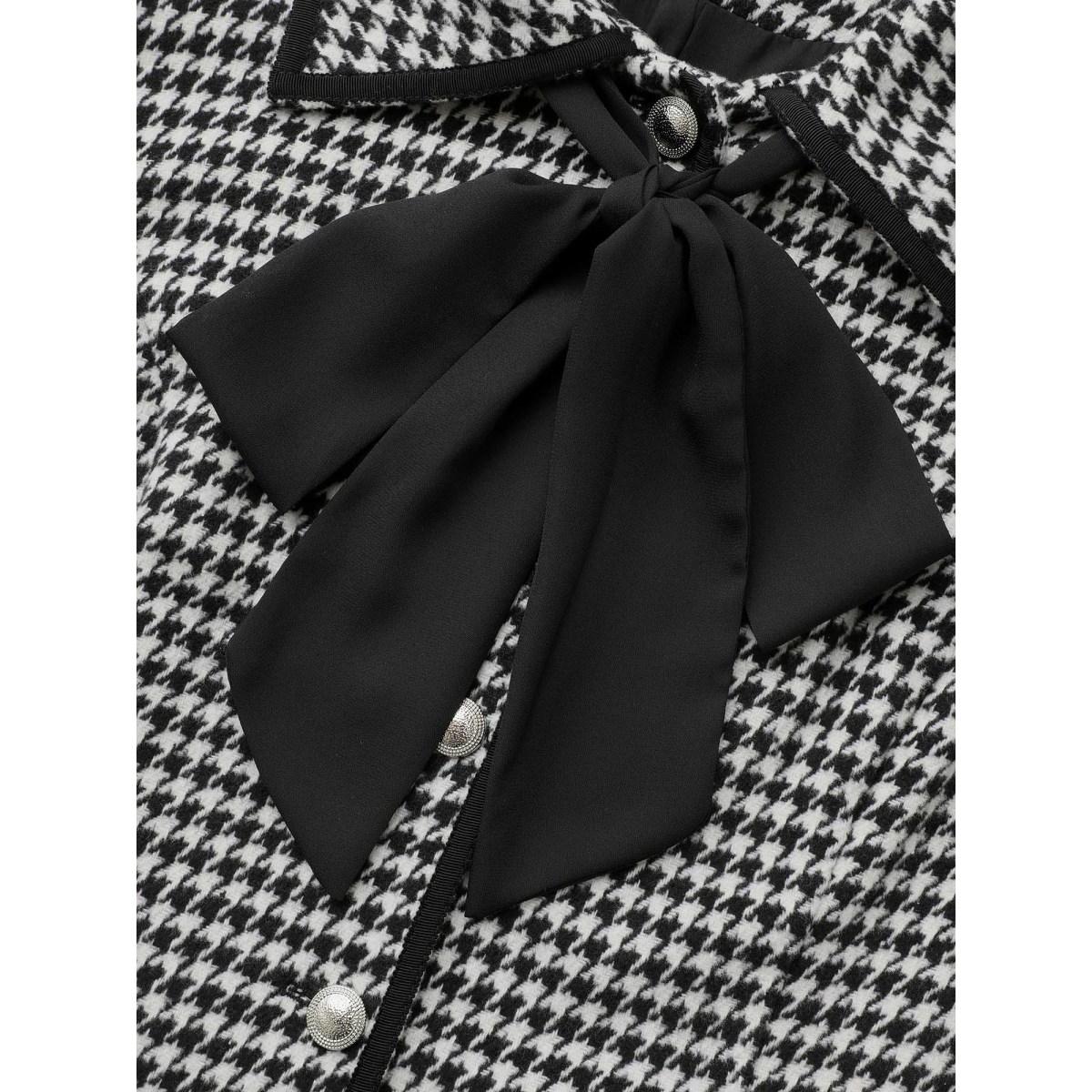 Plus Size Houndstooth Tie Knot Woven Ribbon Jacket Women Black Woven ribbon&lace trim Patch pocket Everyday Jackets BloomChic 18-20/2X Product Image
