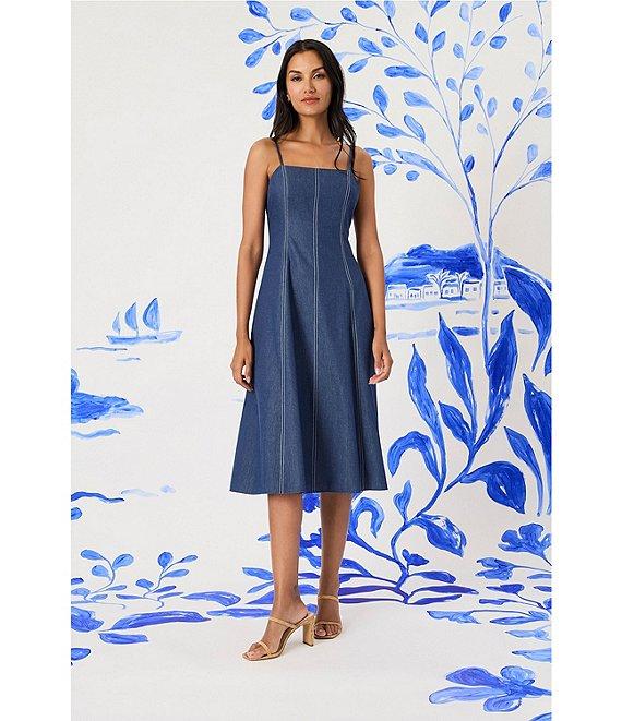 Maggy London Denim Square Neck Sleeveless A-Line Midi Dress Product Image