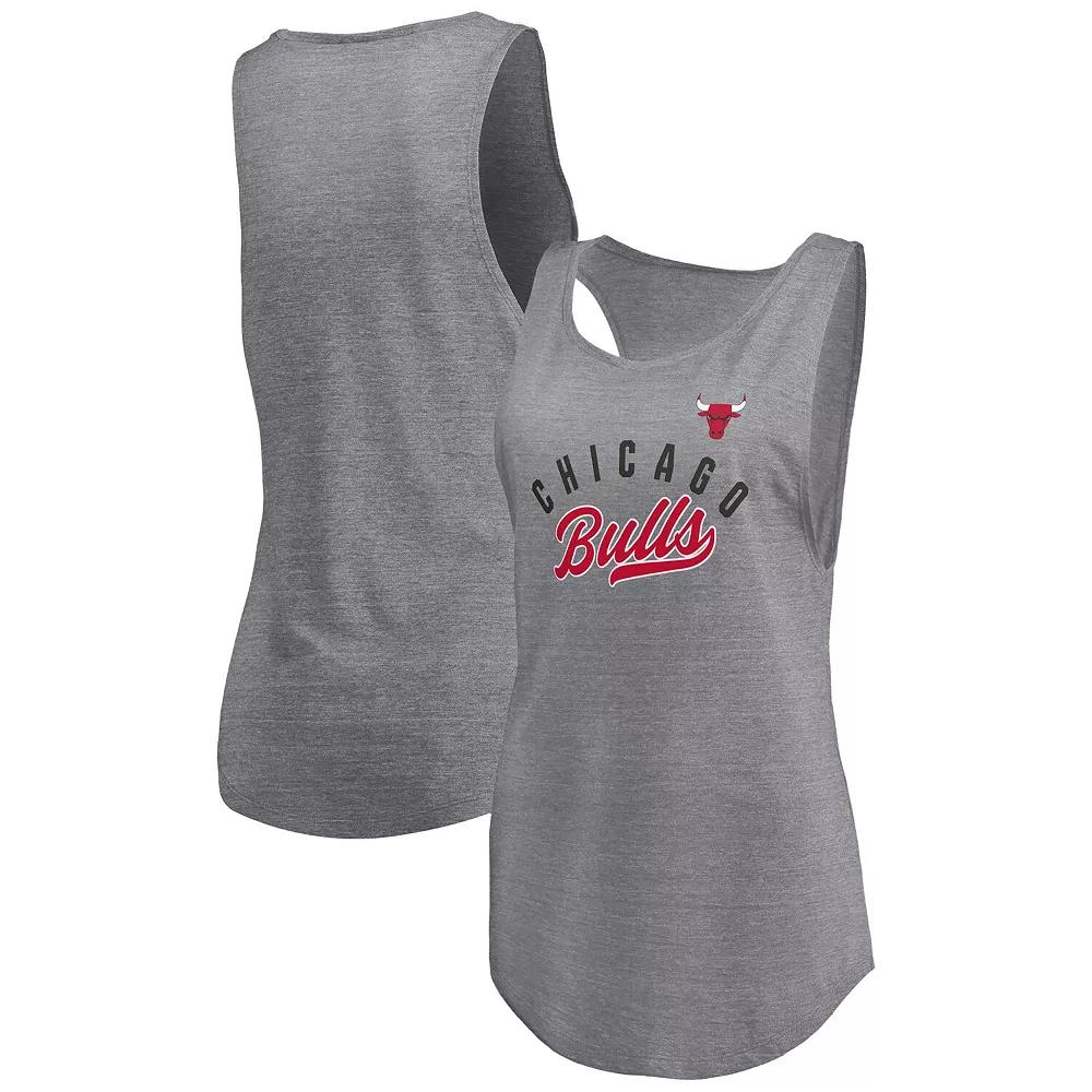 Women's Fanatics Heathered Gray Chicago Bulls Quality Time Open Scoop Neck Tri-Blend Tank Top,  Product Image