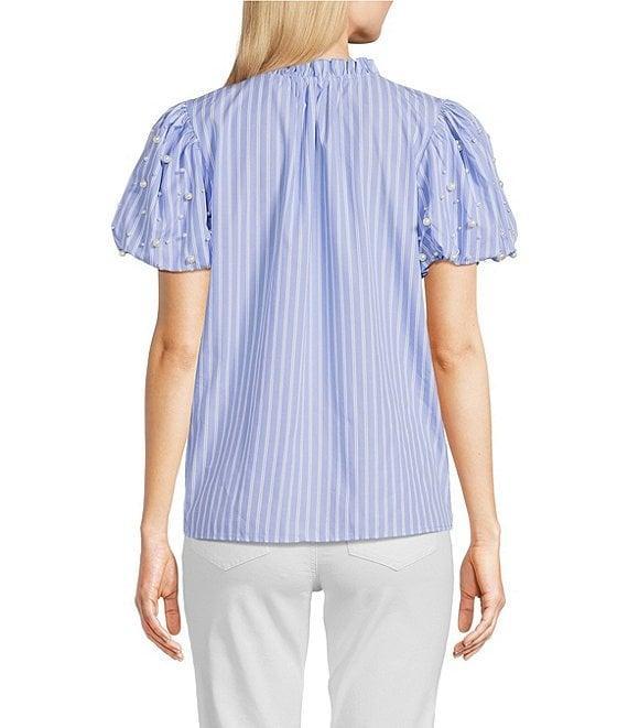 Calessa Short Pearl Sleeve Split V-Neck Striped Woven Blouse Product Image