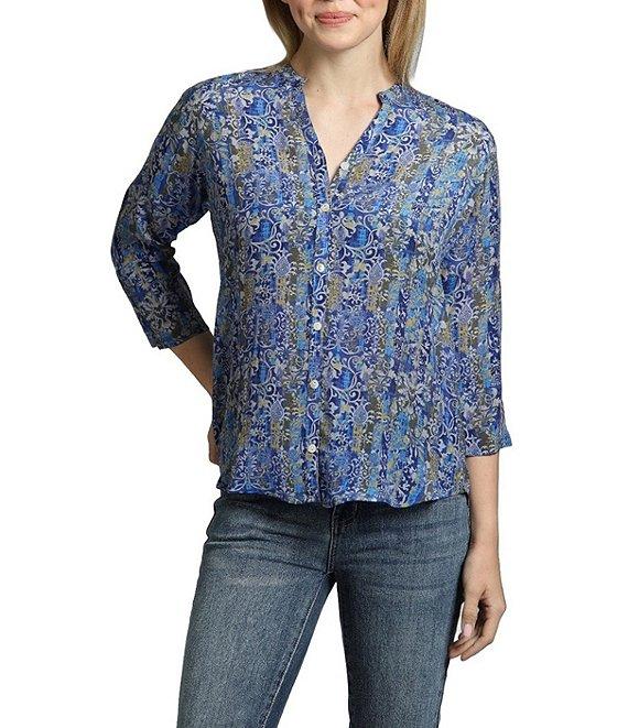 APNY Paisley Mandarin Collar 3/4 Sleeve Button Front Top Product Image