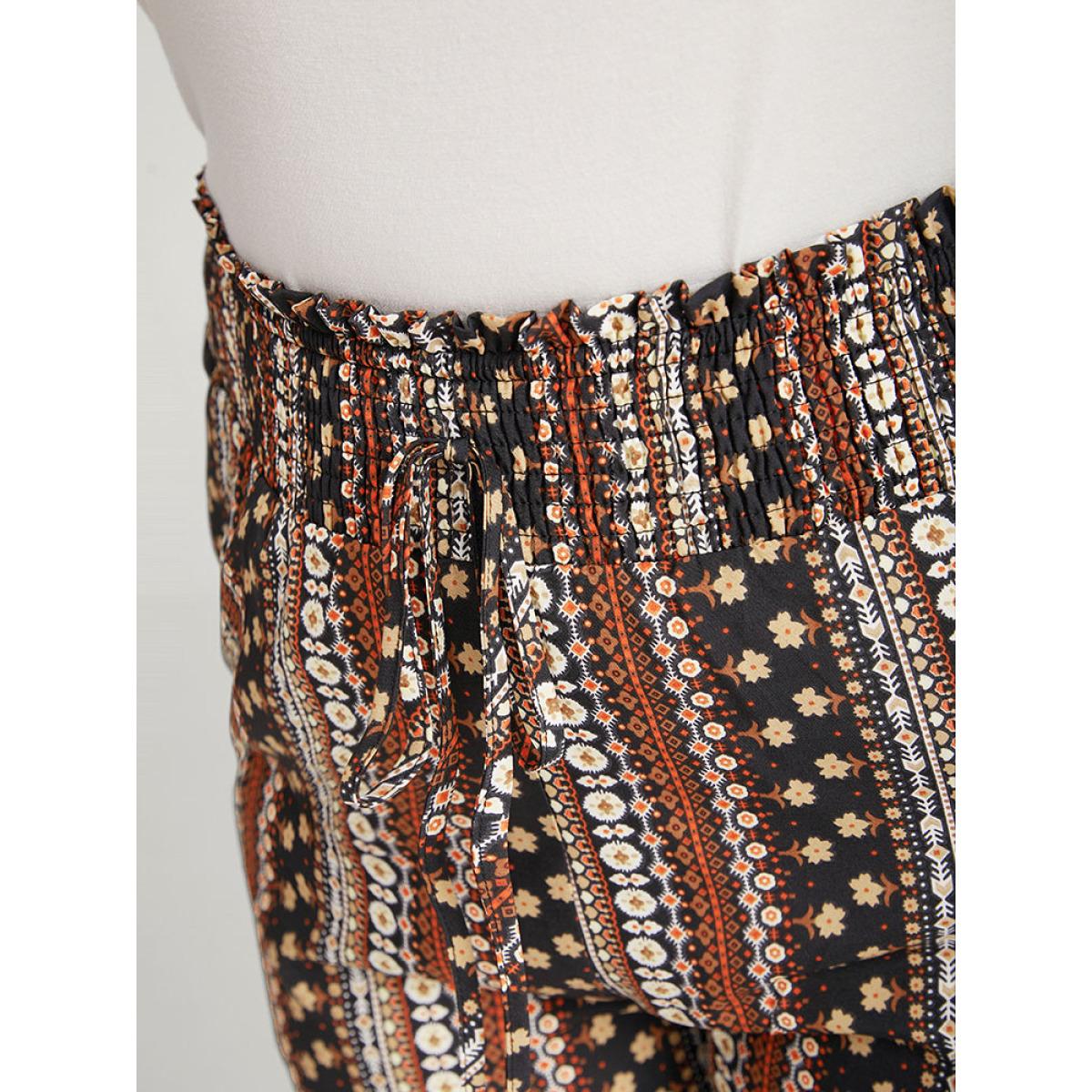 Plus Size Bandana Print Pocket Shirred Ties Pants Women BlackFlower Vacation High Rise Dailywear Pants BloomChic 12/L Product Image