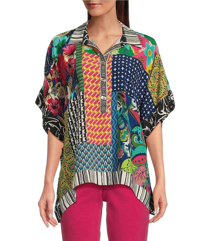 John Mark Patch Print Collared Short Sleeve Button Front Tunic Product Image