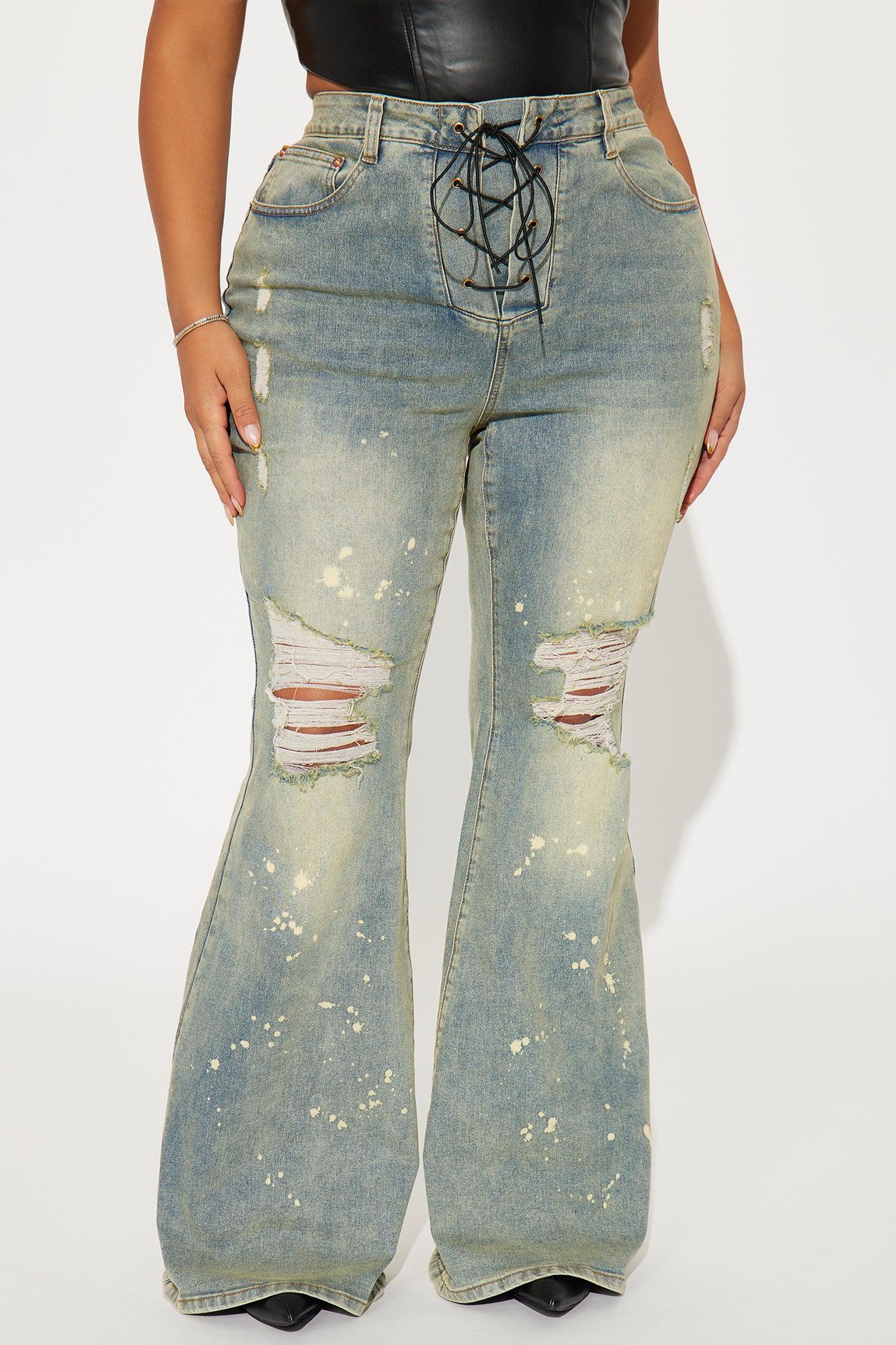 What Im About Stretch Lace Up Tinted Flare Jeans - Vintage Wash Product Image