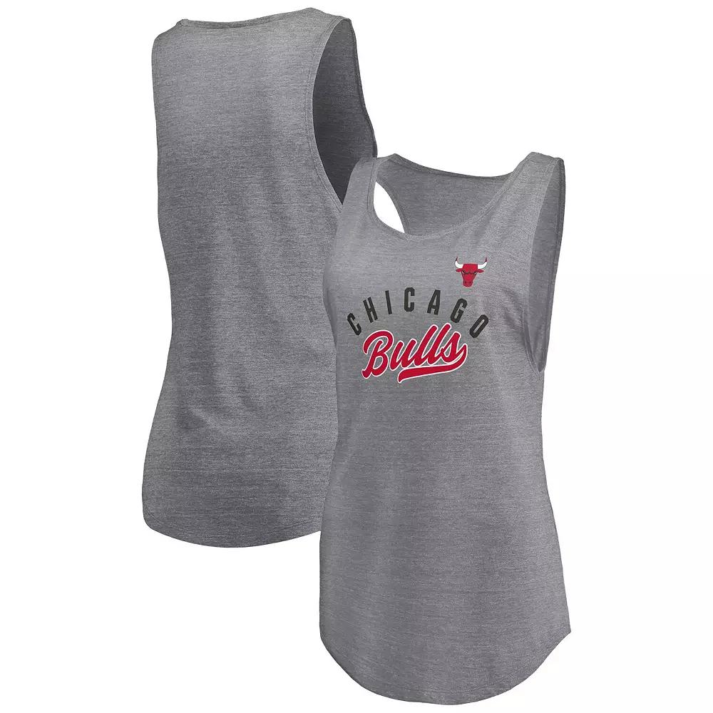 Women's Fanatics Heathered Gray Chicago Bulls Quality Time Open Scoop Neck Tri-Blend Tank Top,  Product Image