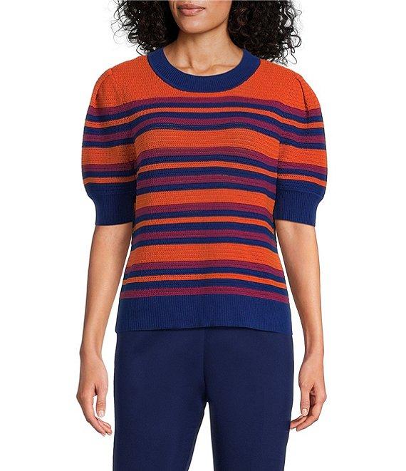 Investments Petite Size Burnt Ochre Stripe Novelty Short Sleeve Crew Neck Sweater Top Product Image