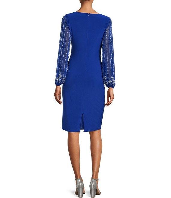Marina Round Neck Beaded Lace Long Sleeve Side Drape Sheath Dress Product Image