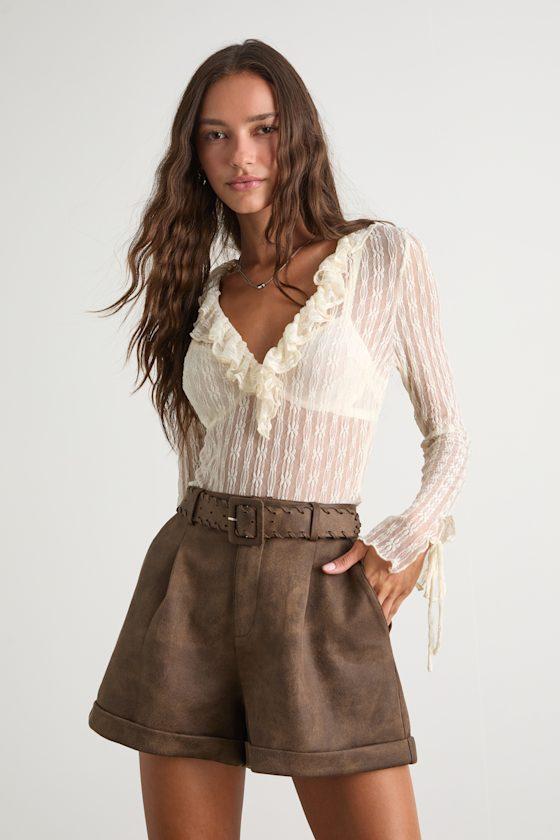 Nolyn Brown Suede Pleated High-Rise Shorts Product Image