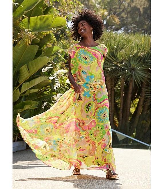 Trina Turk Vantage Printed Georgette Boat Neck Sleeveless Blouson Maxi Dress Product Image