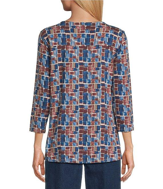 Intro Knit Jersey Geo Print 3/4 Sleeve Pleated Neck Tee Product Image